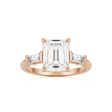emerald moissanite three stone 14k rose gold