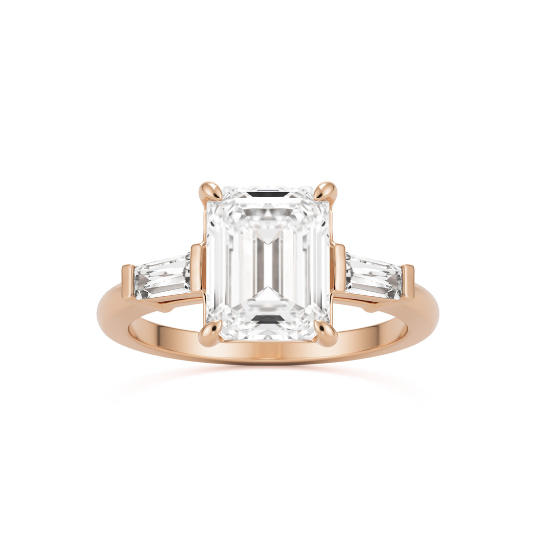 emerald moissanite three stone 14k rose gold