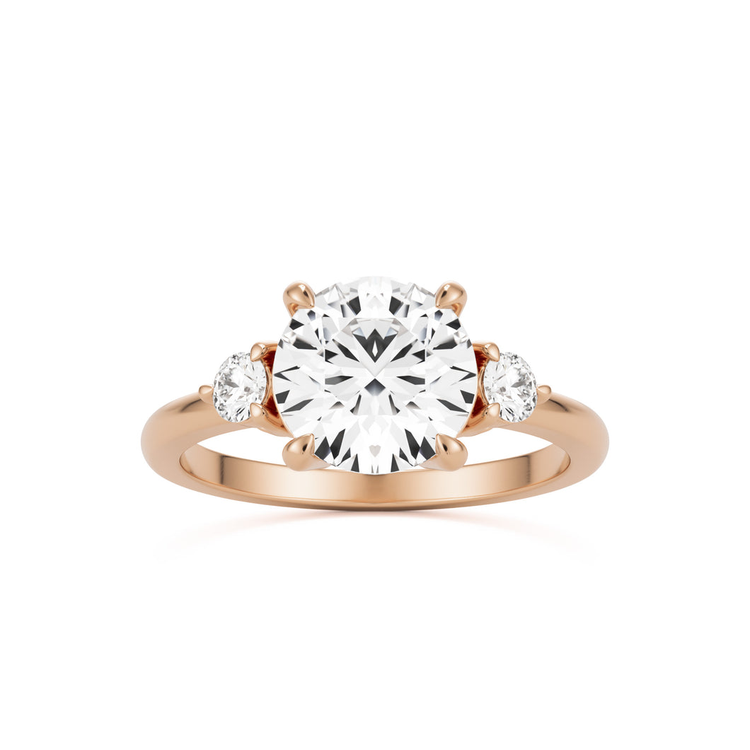 round moissanite three stone 14k rose gold