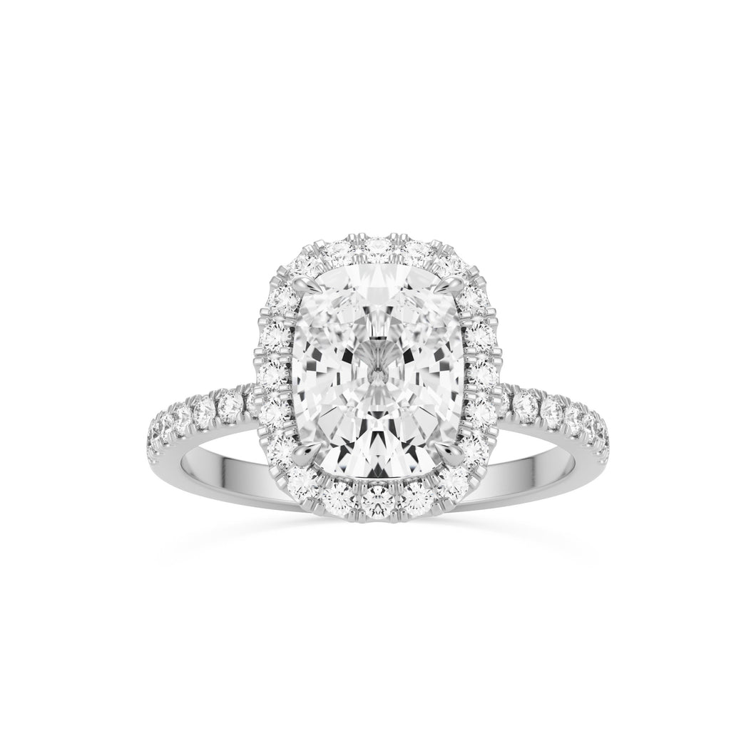 moissanite elongated cushion halo pavé solitaire 14k white gold