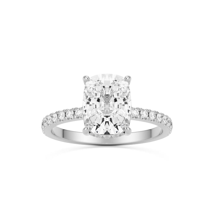 moissanite elongated cushion hidden halo pave platinum