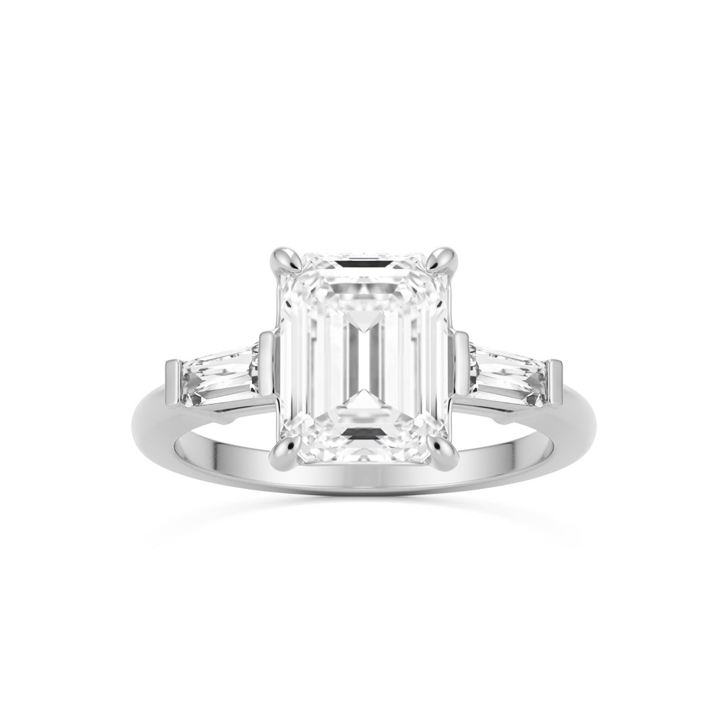 emerald moissanite three stone platinum