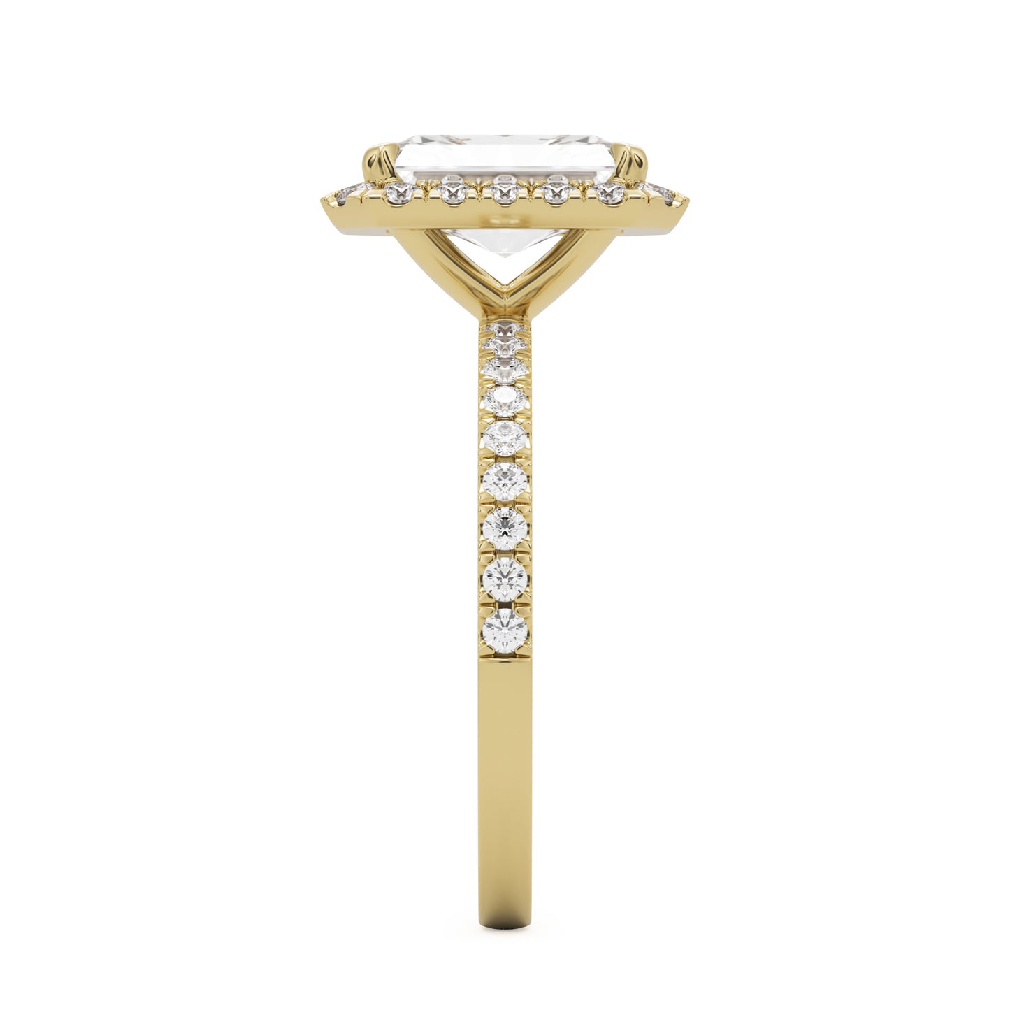 radiant moissanite halo pavé solitaire 14k yellow gold