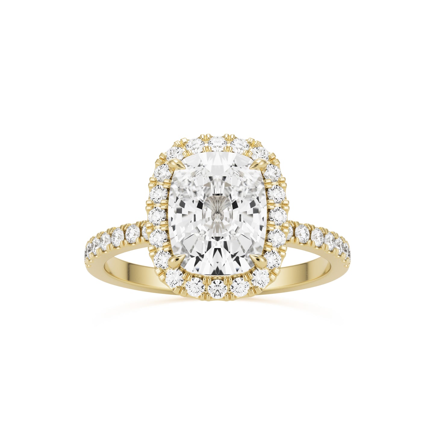 moissanite elongated cushion halo pavé solitaire 14k yellow gold front