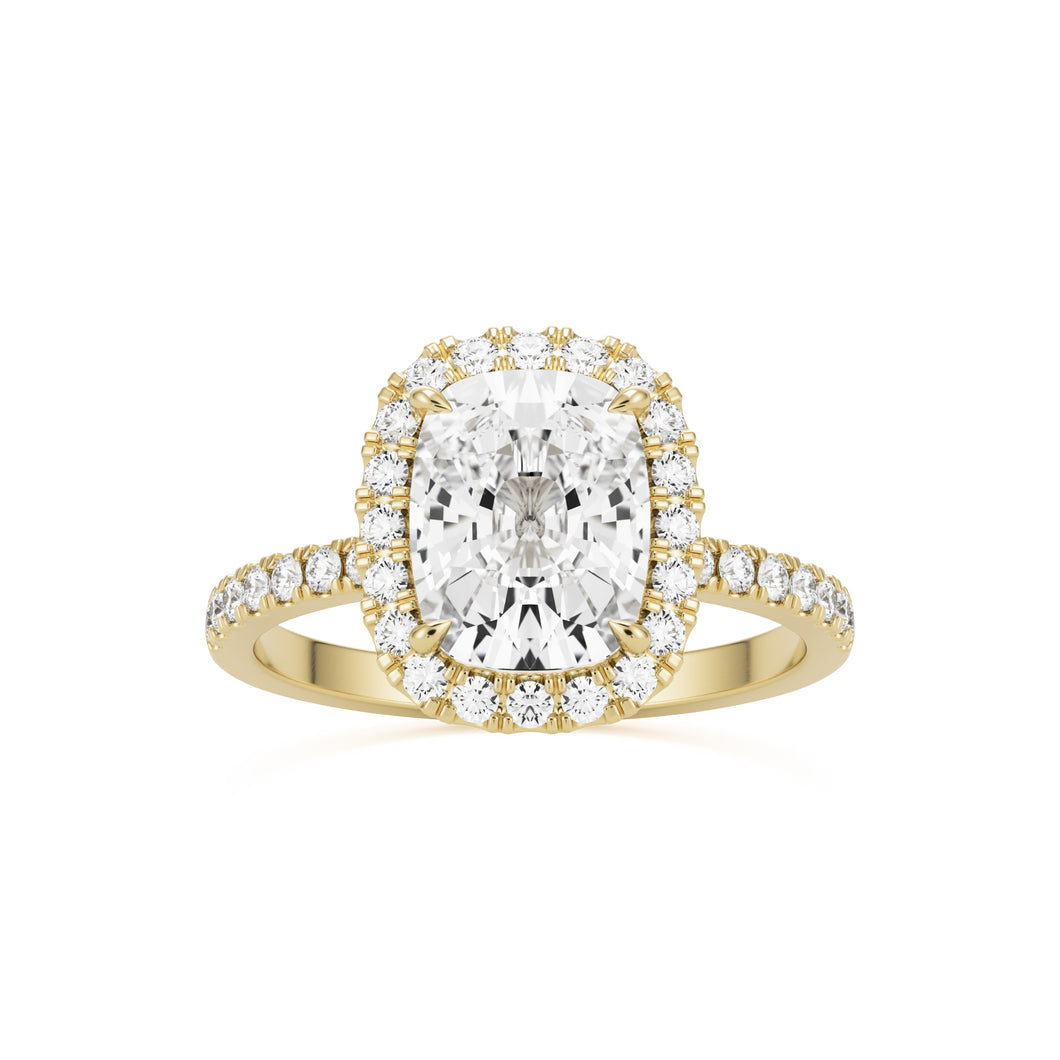 moissanite elongated cushion halo pavé solitaire 14k yellow gold front